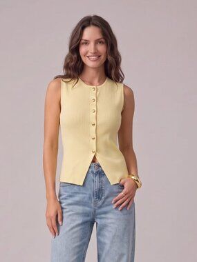 Women's Butter Yellow Sleeveless Knit Top Front Button Vest Tank Casual
